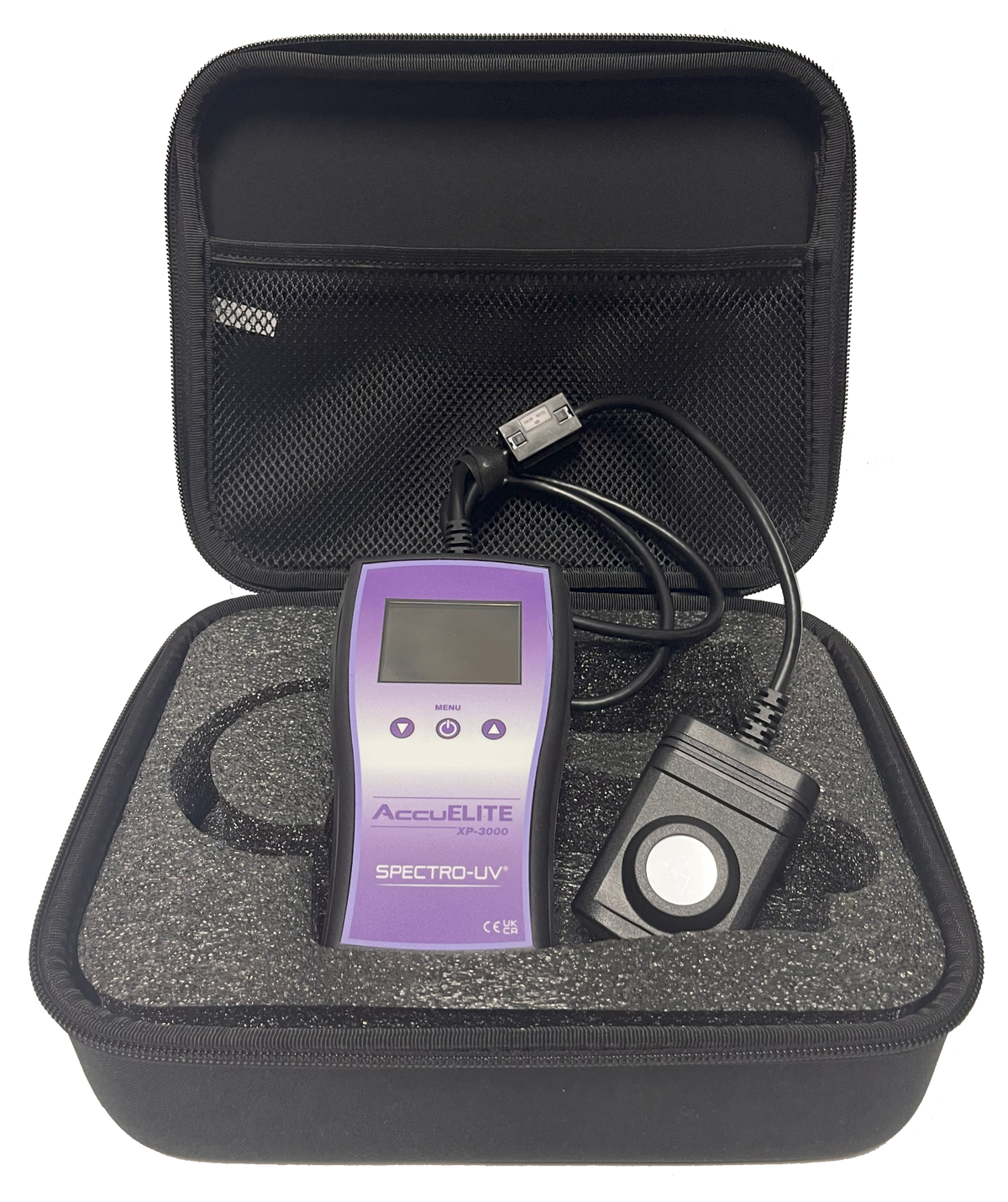 AccuElite Spectro-UV device in a black carrying case with USB cable.