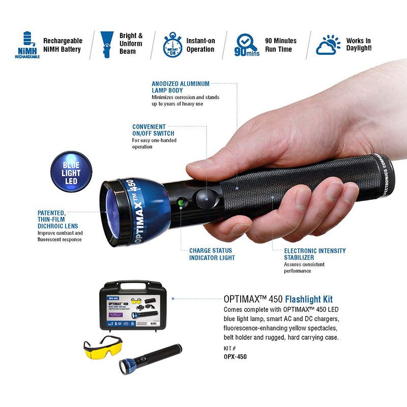 Linterna LED recargable OptiMax 450 de luz azul de 450 nm (también disponible en voltajes extranjeros)