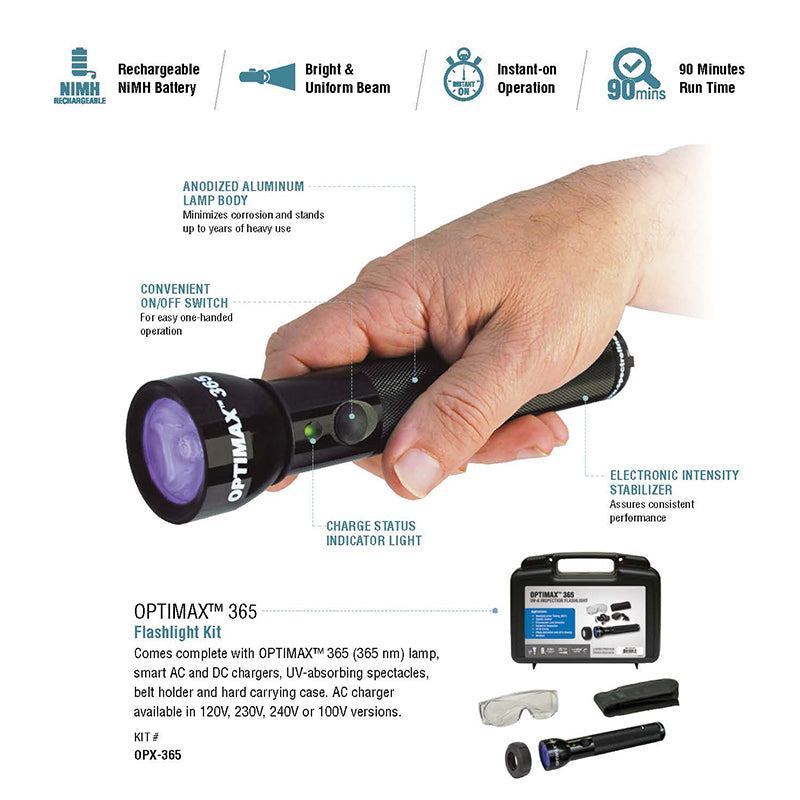 Kit de linterna OptiMax 365 LED 365nm UV-A (también disponible en voltajes extranjeros)
