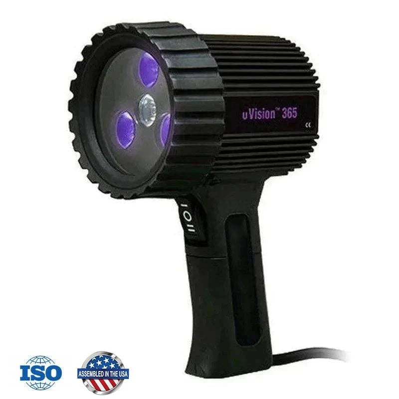 A black uVision blacklight lamp with a black handle and purple light emitting from the top.