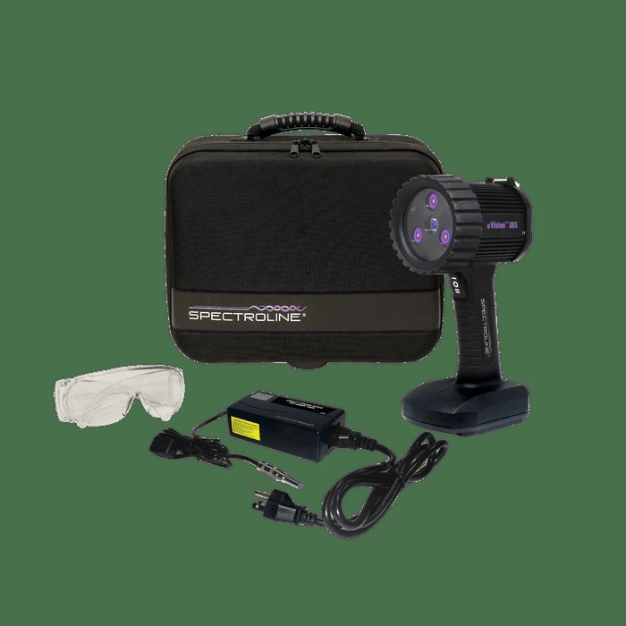 Image of kit for UV-365HC UVision blacklight UV-A handheld lamp for UV fluorescent inspections, NDT / NDE, Forensics, and specialty UV applications such as Agriculture / Rodent Contamination Detection, Gem and Mineral Inspection, Beauty and Skincare with in-handle battery pack, safety glasses, carrying case