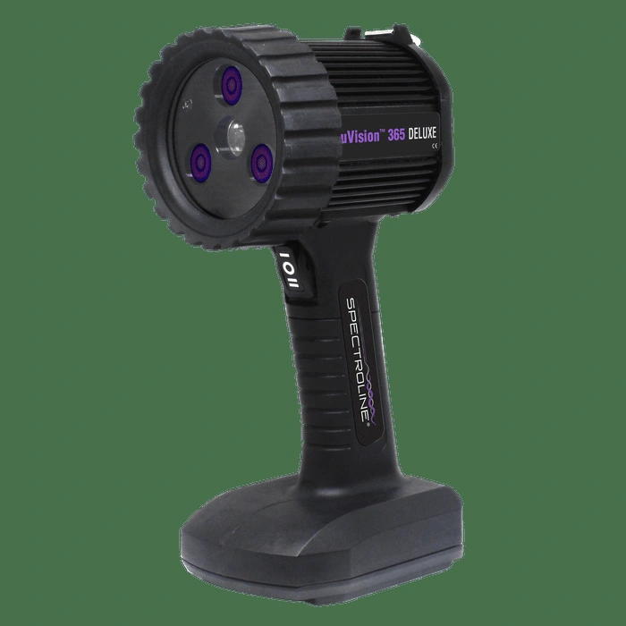 Angled view of Spectro-UV's UV-365ZEH ultraviolet blacklight inspection lamp for NDT, NDE, forensics and specialty UV applications, with in-handle battery pack for greater portability. 