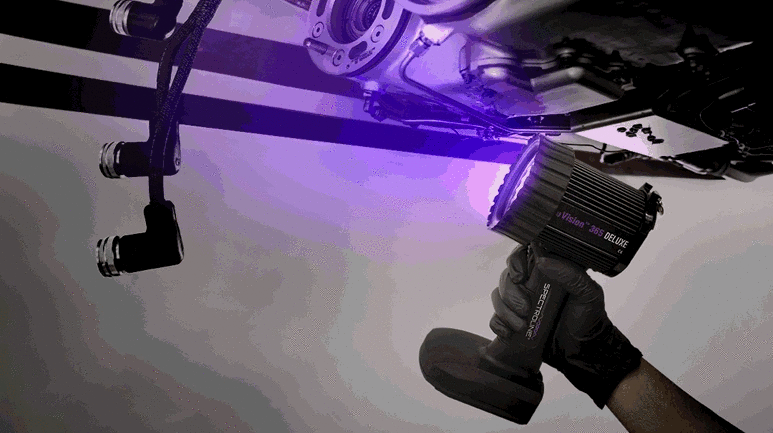 Animation of UVision UV-365ES from Spectro-UV LED UV-A Lamp being used in a blacklight fluorescent inspection scenario